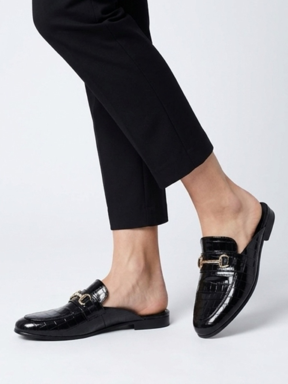 Steve Madden Black Croc-Embossed Backless Loafers with Gold Buckle